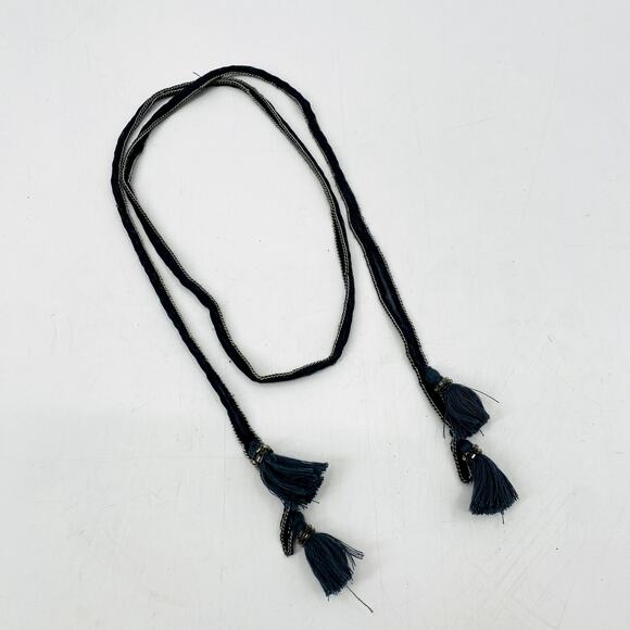 Anthropologie Chan Luu Blue Gray Rope Chain tassel Wrap Necklace - Picture 2 of 4